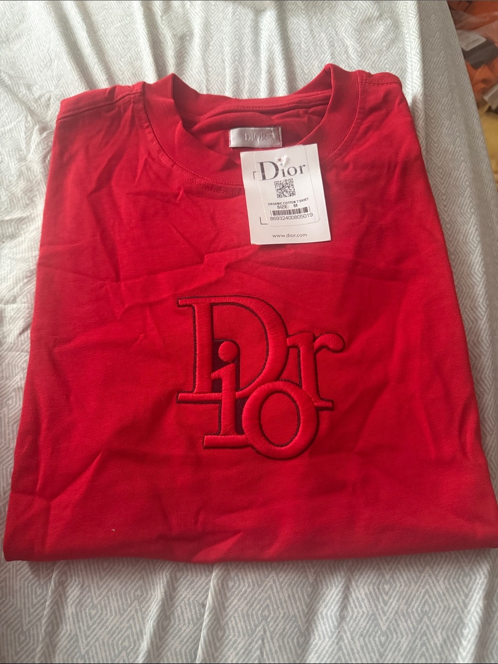 Dior Men's Bold Red Embroidered Logo Tee